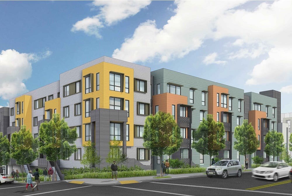 A rendering of the exterior of an apartment building.